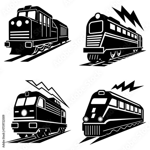 Four black and white train illustrations with lightning bolt accents in a square graphic layout
