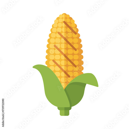 Illustration of a grilled corn on the cob with green husks.
