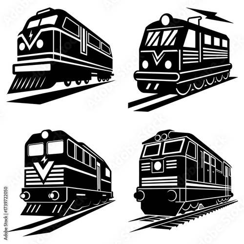 Four different train designs in black and white showcasing various locomotive styles and perspectives nicely