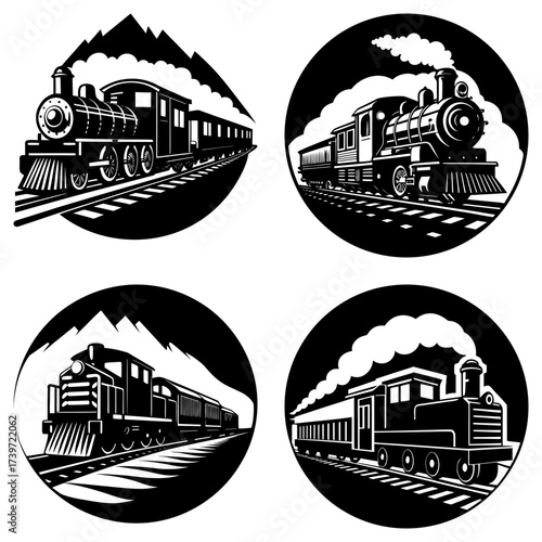 Four monochrome train illustrations with steam engines and passenger cars set against varied backgrounds