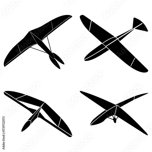 Four black and white images showing different types of aircrafts including hang gliders and a biplane