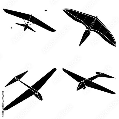 Four black silhouettes of different types of gliders and hang gliders against a white background plane view
