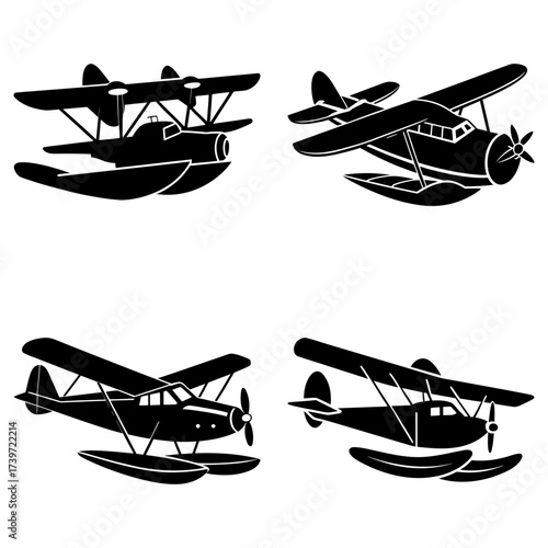 Four different seaplanes in black silhouette with biplane and pontoon designs on a white background