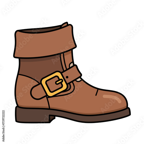 Illustration of a brown leather ankle boot with a gold buckle.
