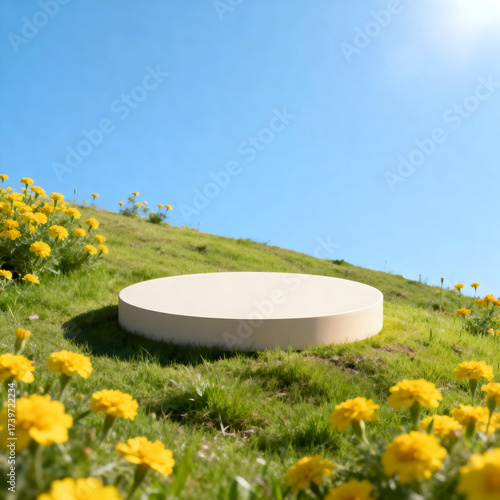 Podium on Meadow: A pristine, minimalistic podium stands serenely amidst a vibrant meadow bursting with yellow blooms, framed by a clear, sunny sky, inviting creative possibilities.