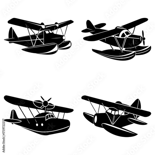 Four different seaplanes in black and white with various designs and propeller configurations displayed