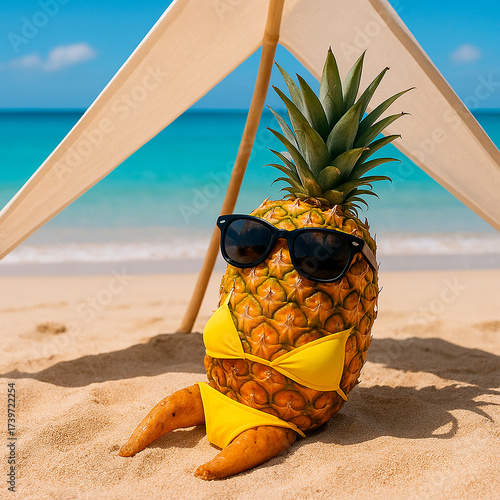Relaxing Pineapple on the Beach with Sunglasses and Bikini Under a Tent. Generative AI.