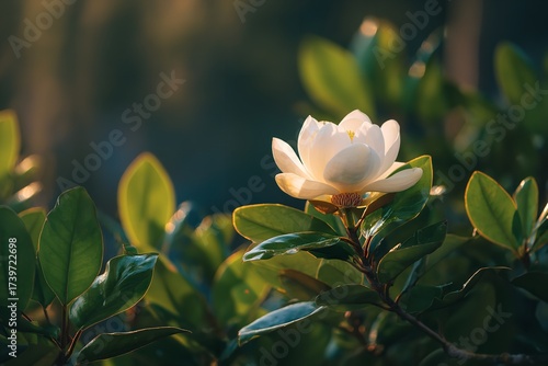 Stunning white magnolia blossom bathed in warm golden hour sunlight, showcasing delicate petals and lush green foliage for a serene botanical scene