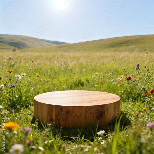 Wooden Platform in Meadow: A rustic wooden platform stands serenely amidst a vibrant meadow, offering a captivating stage for display against the backdrop of nature.