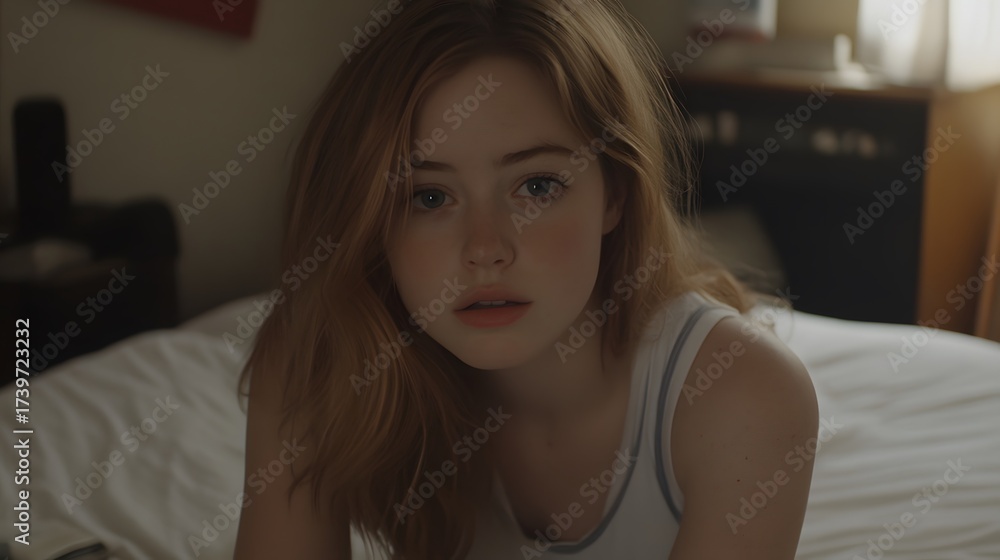 Naklejka premium Closeup Portrait Freckled Teen Girl Bedroom