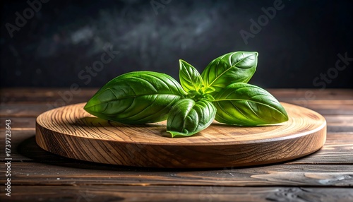 A sprig of vibrant green basil leaves rests atop a circular wooden cutting board against a blurred dark background. The wood grain is visible