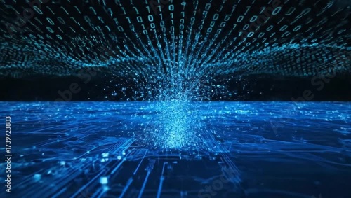 Digital data stream creating vortex effect in blue tech background  