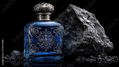 Elegant perfume bottle with silver detailing next to a dark rock © AszmiStock