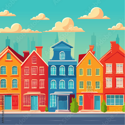 Row of colorful houses, vibrant colored facades