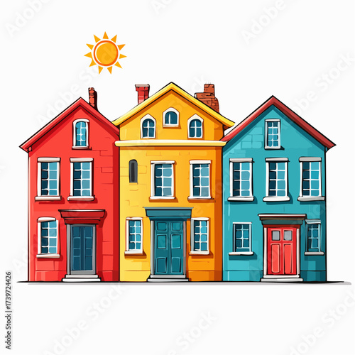 Row of colorful houses, vibrant colored facades