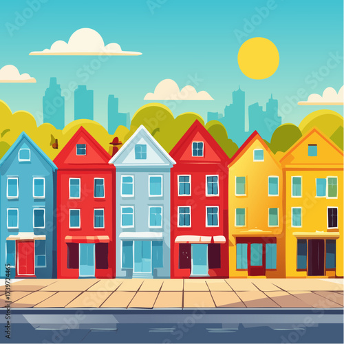 Row of colorful houses, vibrant colored facades