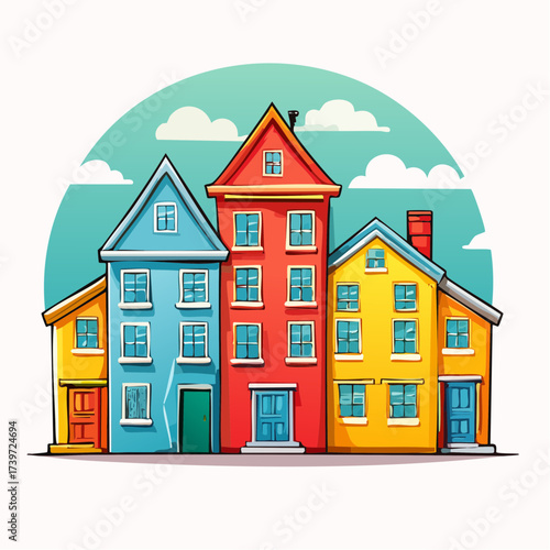 Row of colorful houses, vibrant colored facades