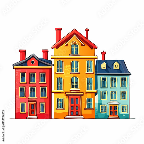Row of colorful houses, vibrant colored facades