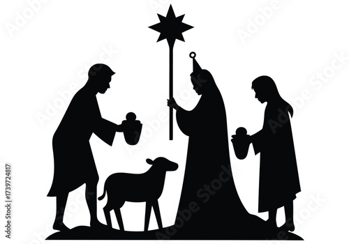 Vector art of silhouette of the three wise men presenting gifts to baby jesus with a sheep and star