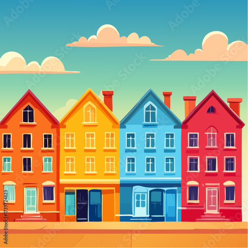 Row of colorful houses, vibrant colored facades