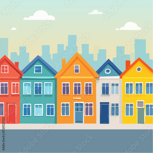 Row of colorful houses, vibrant colored facades