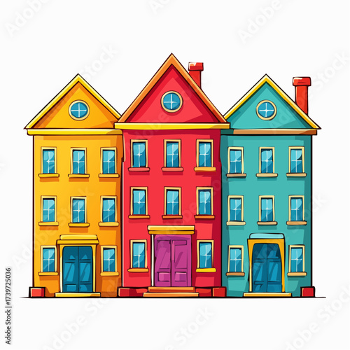 Row of colorful houses, vibrant colored facades