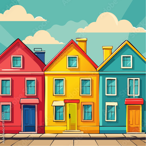 Row of colorful houses, vibrant colored facades