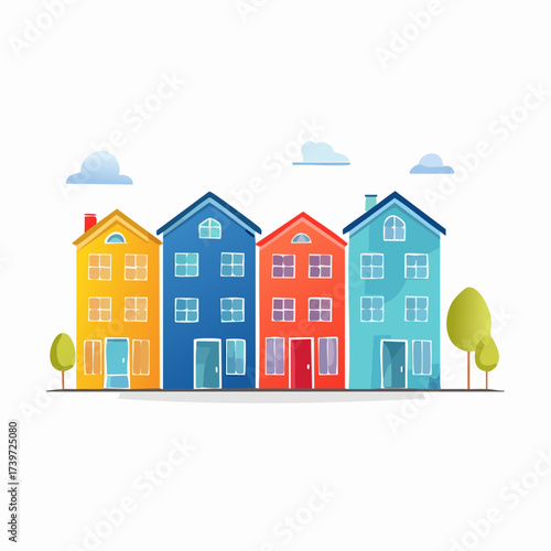 Row of colorful houses, vibrant colored facades