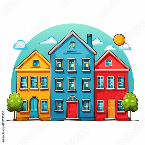 Row of colorful houses, vibrant colored facades