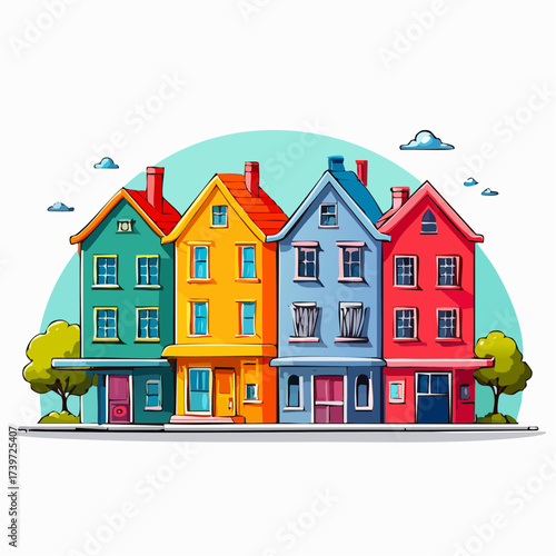 Row of colorful houses, vibrant colored facades