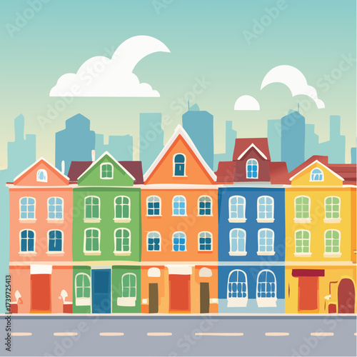 Row of colorful houses, vibrant colored facades