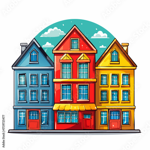 Row of colorful houses, vibrant colored facades