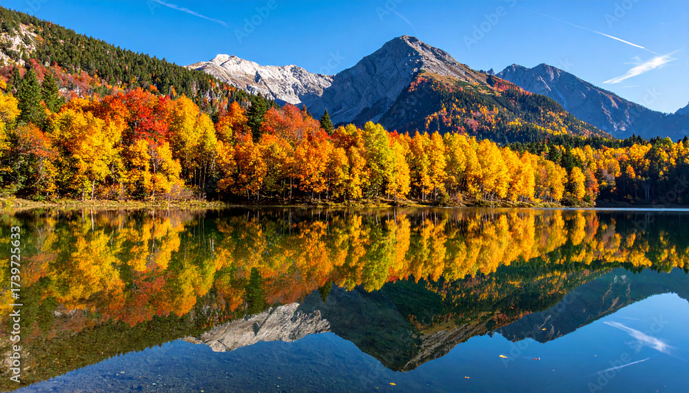 Naklejka premium Reflection of vibrant autumn trees in crystal-clear mountain lake with colorful foliage and clear blue sky