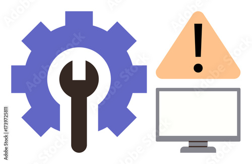 Gear and wrench symbolizing system repair next to a computer screen and warning triangle. Ideal for technical support, troubleshooting, maintenance, IT issues, system updates, error alerts, simple
