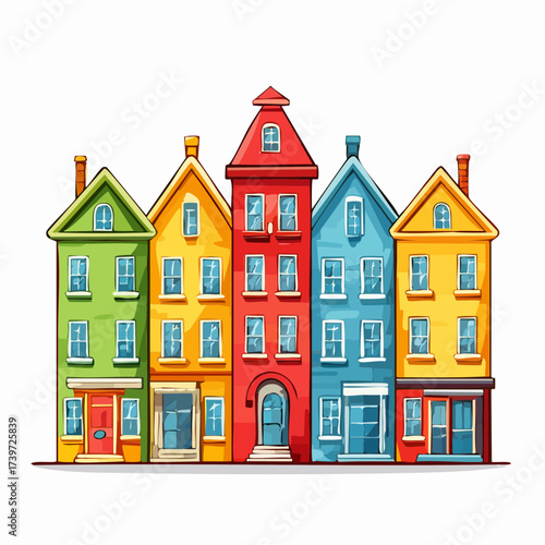 Row of colorful houses, vibrant colored facades