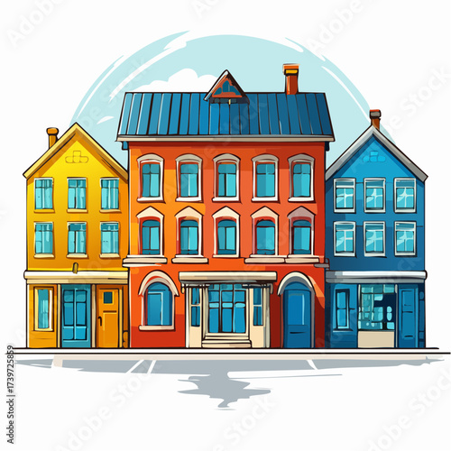 Row of colorful houses, vibrant colored facades