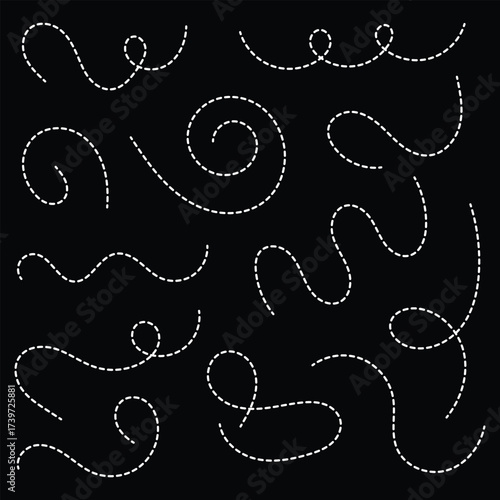 Hand drawn dotted line vector set. Hand drawn squiggly dashed, dotted lines, curved lines vector collection. Path travel dotted line trip dashed trace destination track plan and silhouette, travelling