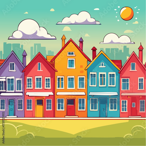 Row of colorful houses, vibrant colored facades