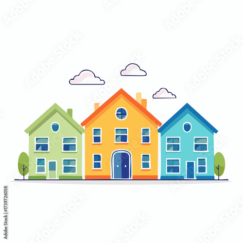 Row of colorful houses, vibrant colored facades