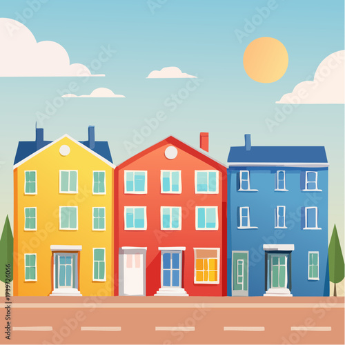 Row of colorful houses, vibrant colored facades