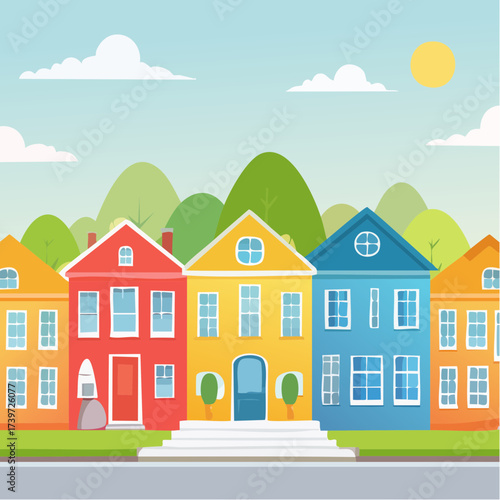 Row of colorful houses, vibrant colored facades