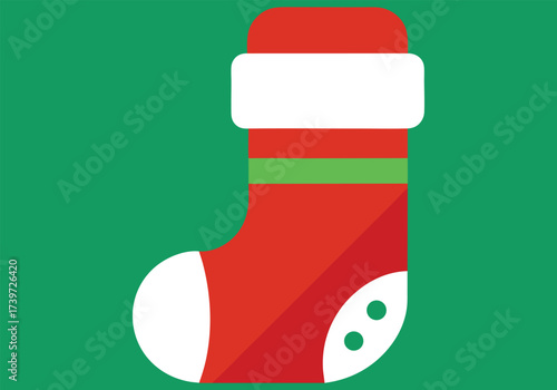 Vector art of flat design illustration of a red christmas stocking with white cuff and green stripe, isolated on green background