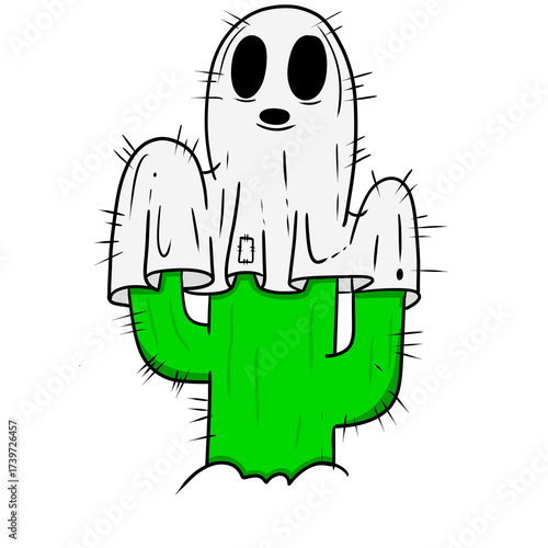funny Cartoon Cactus Ghost Illustration for Halloween Decoration 