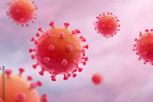 A close-up view of several microscopic coronavirus cells floating in the air, highlighting their structure and shape. These cells have a spherical body with several spike proteins protruding outwards.