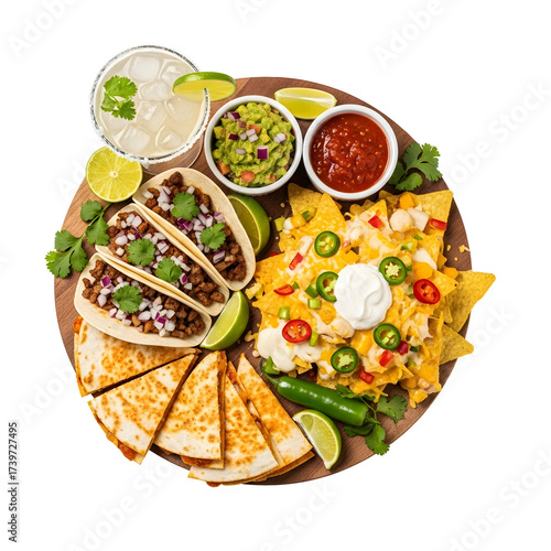 Mexican Fiesta Platter With Tacos, Nachos, Quesadillas and Margarita mexican food ground beef tacos