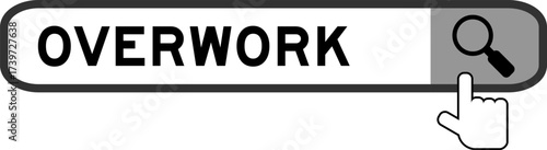 Search banner in word overwork with hand over magnifier icon on white background
