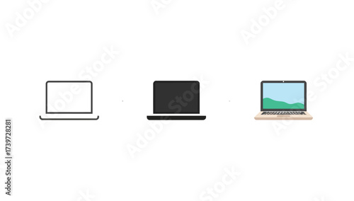 Vector art of laptop vector icon set, line, silhouette, and color version