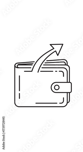 Minimalist line icon of a wallet with an arrow pointing out, symbolizing spending, payment, or withdrawal.