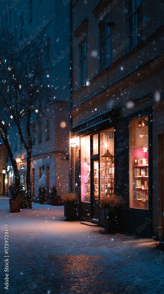 Fototapeta premium Cozy bookshop glows in the soft snowfall on a winter evening in the city
