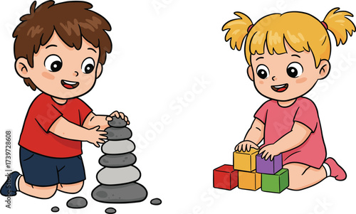Children playing with educational toys, kids stacking stones and colorful blocks, preschool learning, motor skills, creativity, development, constructive play, fun